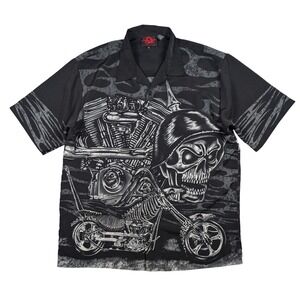 Vtg Dragonfly Clothing Shirt Mens XL Black Biker Skeleton Skull Chopper Flame